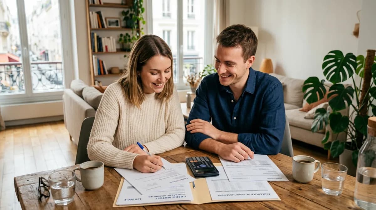 Couple primo-accédant étudiant les documents de financement et calculant les intérêts intercalaires de leur achat neuf