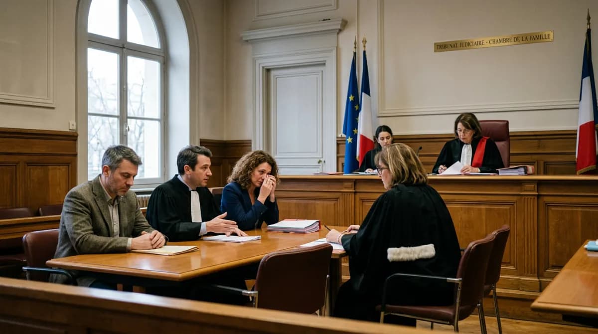 Audience au tribunal judiciaire chambre de la famille lors d'une procédure de divorce — PTZ après divorce 2026