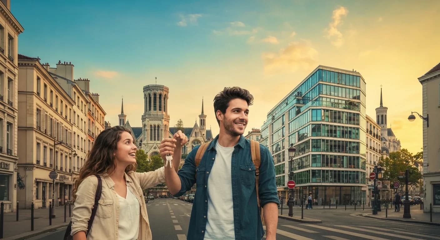 Couple primo-accédant devant un appartement neuf à Lyon — illustration cas-type PTZ